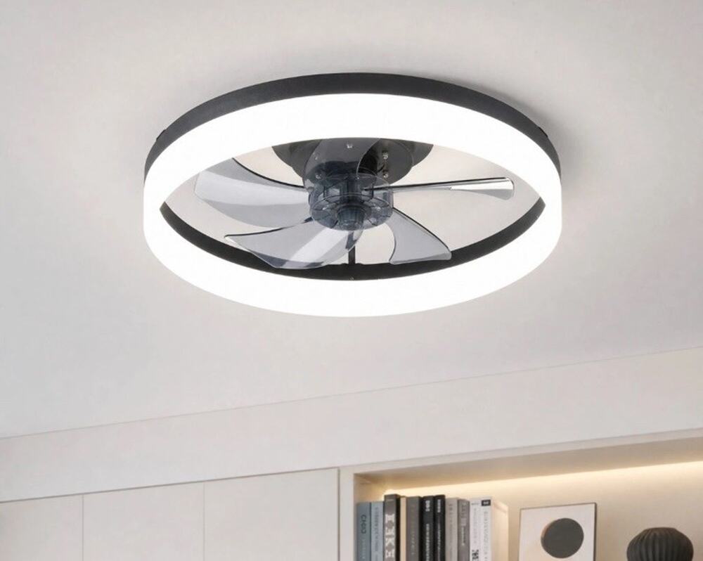 20 inch Flush Mount Modern Black Ceiling Fan Remote APP Control Kit with Light